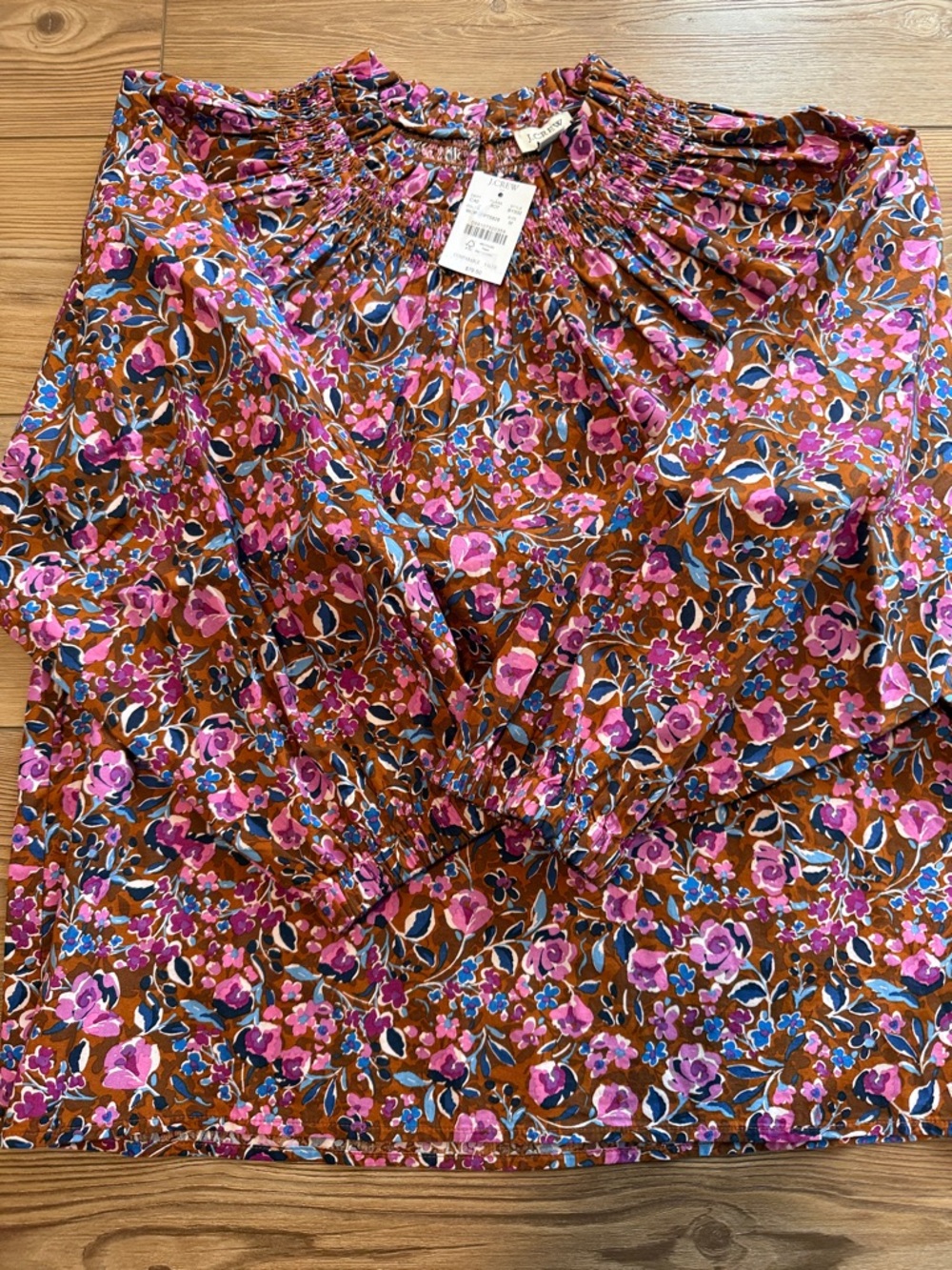 Women’s Floral Smocked Neck Blouse - Pink & Brown